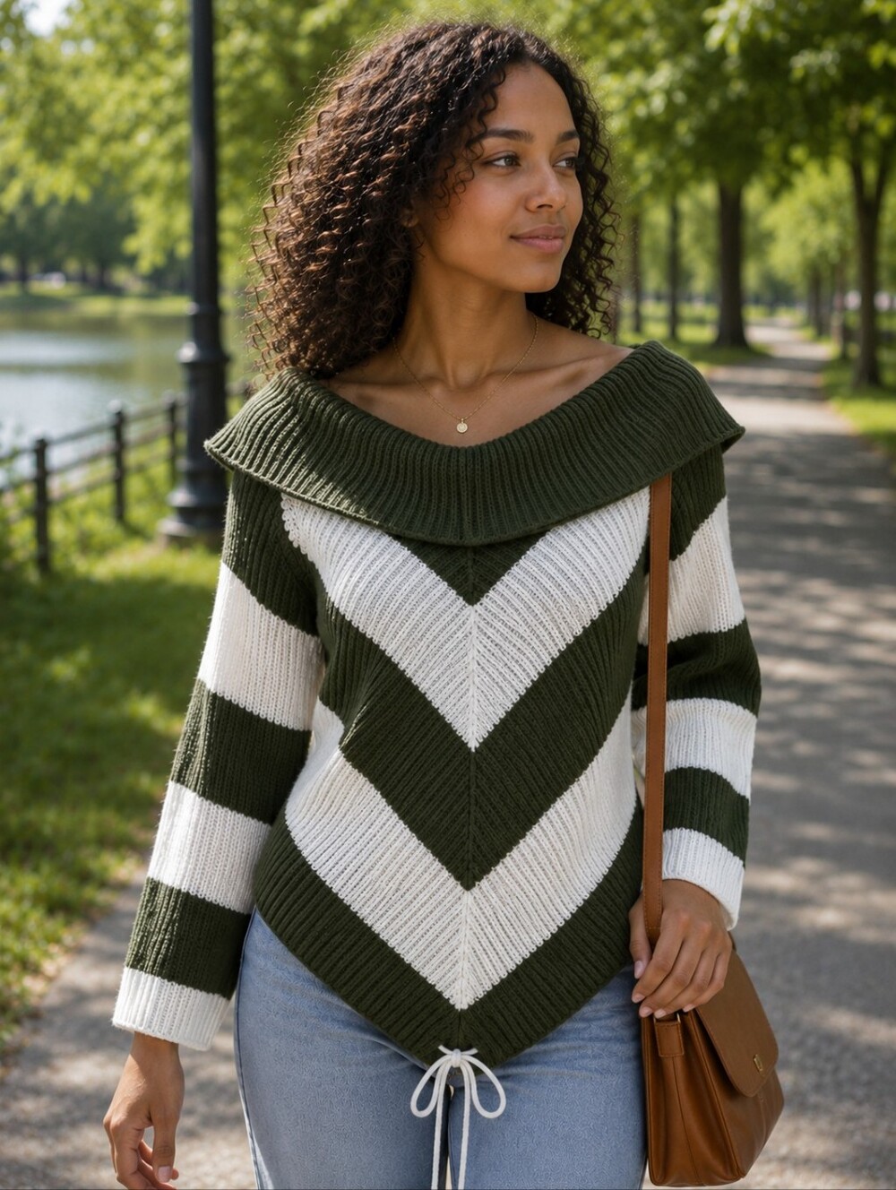 Derek Heart Olive and Ivory Laced-Up Back Cowl Collared Sweater - Size: S- NWT
